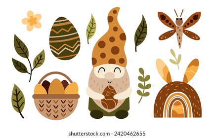 Boho Easter clipart with easter gnome, easter egg, plants in cartoon flat style. Perfect for scrapbooking, stickers, tags, greeting cards, party invitations, decor. Vector illustration.