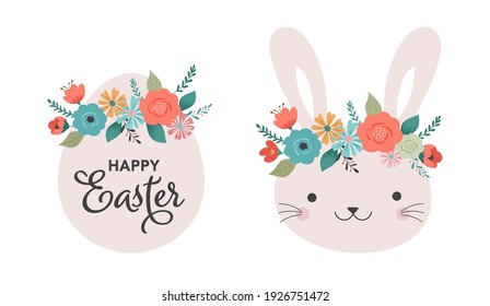 Boho Easter concept design, Banner set with bunnies, eggs and flower crowns in pastel colors
