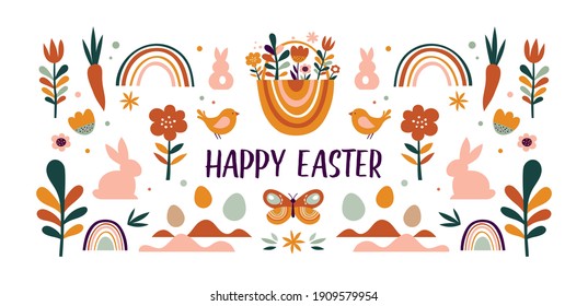 Boho Easter concept design, bunnies, eggs, flowers and rainbows in pastel and terracotta colors, flat vector illustrations