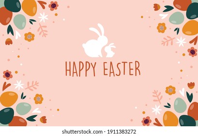 Boho Easter concept design, bunnies, eggs, flowers and rainbows in pastel and terracotta colors, flat vector illustrations