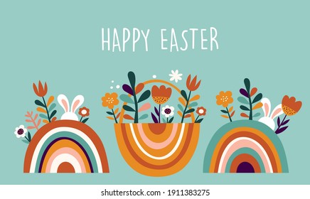 Boho Easter concept design, bunnies, eggs, flowers and rainbows in pastel and terracotta colors, flat vector illustrations