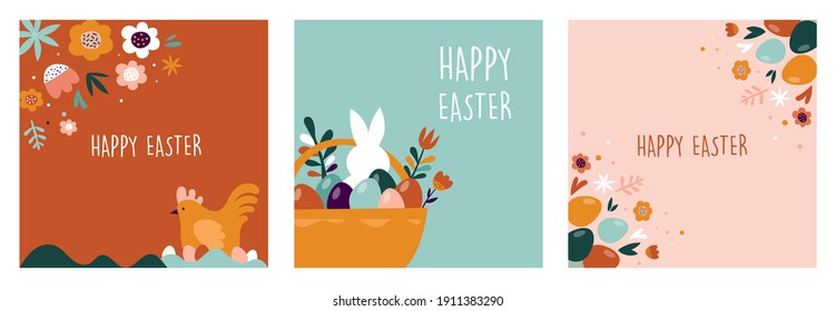 Boho Easter concept design, bunnies, eggs, flowers and rainbows in pastel and terracotta colors, flat vector illustrations