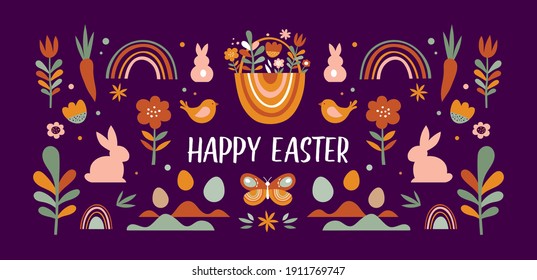 Boho Easter concept design, bunnies, eggs, flowers and rainbows in pastel and terracotta colors, flat vector illustrations