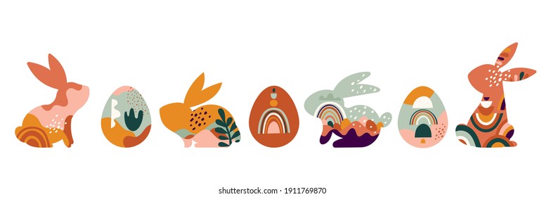 Boho Easter concept design, bunnies, eggs, flowers and rainbows in pastel and terracotta colors, flat vector illustrations