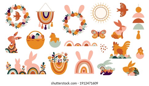 Boho Easter concept design, bunnies, eggs, flowers and rainbows in pastel and terracotta colors, flat vector illustrations