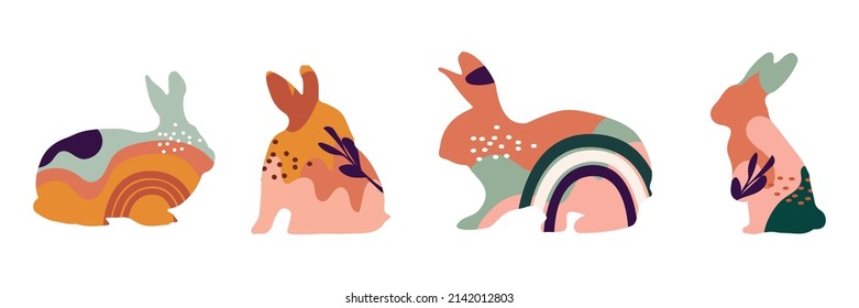Boho Easter concept design, bunnies, eggs, flowers and rainbows in pastel and terracotta colors, flat vector illustrations.