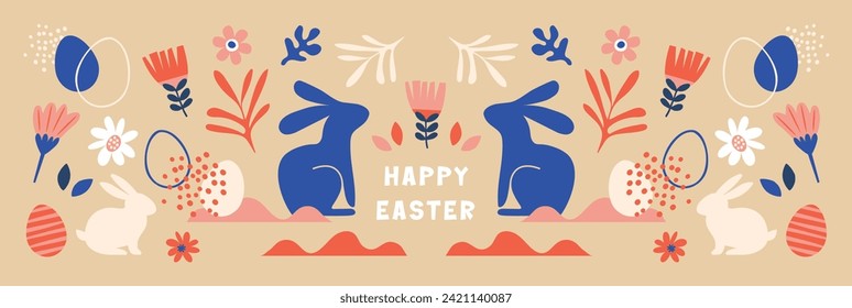 Boho Easter concept design, bunnies, eggs, flowers and rainbows in pastel and terracotta colors, flat banner vector illustrations.