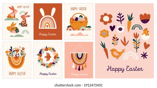 Boho Easter concept design, collection of greeting cards, bunnies, eggs, flowers and rainbows in pastel and terracotta colors, flat vector illustrations