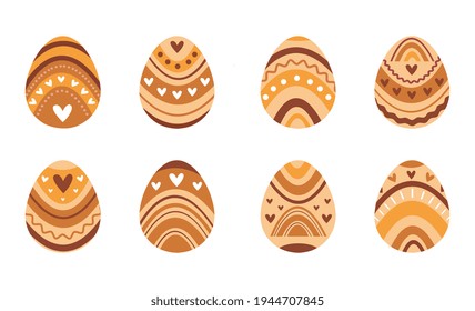 Boho Easter concept design eggs, hearts and rainbows in pastel and terracotta colors in, flat vector illustrations