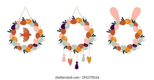 Diseño conceptual de Boho Easter, decoración de la casa de Pascua, wreath set con conejillos, huevos, flores y arcos en colores pastel y terracota, ilustraciones de vectores planos