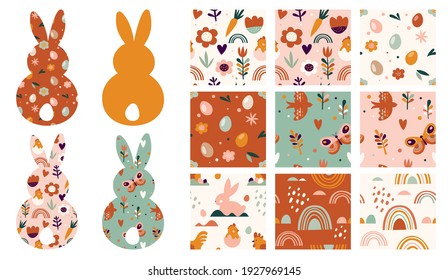 Boho Easter concept design, seamless patterns and bunnies, eggs, flowers and rainbows in pastel and terracotta colors