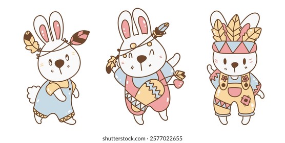 A Boho Easter, Cute bunnies in outfits with feathers and accessories