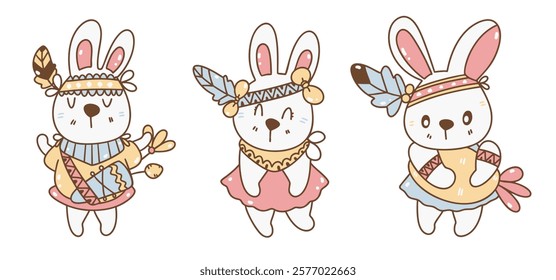 A Boho Easter, Cute bunny characters in boho style with feathers and accessories