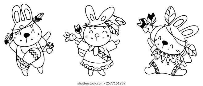 A Boho Easter, Cute bunny characters in boho style with feathers and accessories