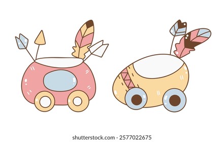 A Boho Easter, Cute cartoon cars with feathers and arrows, perfect for children designs