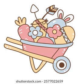 A Boho Easter, Cute wheelbarrow filled with Easter eggs, flowers, and festive decorations
