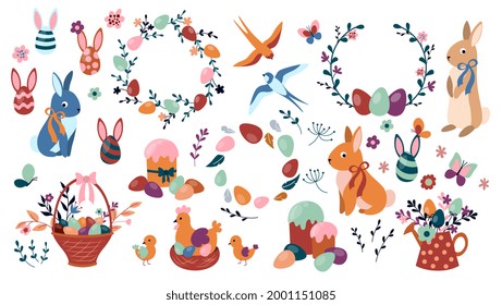 Boho Easter design with bunnies, eggs, easter cakes, flowers, wreath, rainbows, swallows, chickens in pastel colors, set of flat cartoon vector illustrations isolated on white background