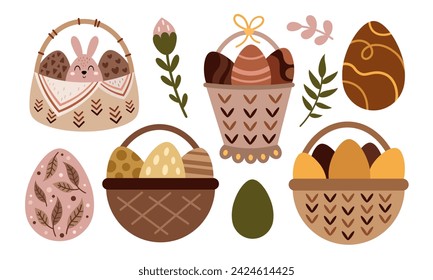 Boho Easter egg and Easter  basket clipart set. Happy Easter clip art in flat style. Easter decor. Hand drawn vector illustration.