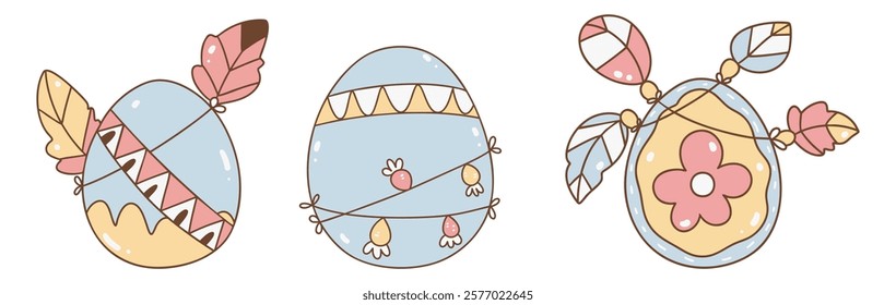 A Boho Easter, Easter eggs with decorative patterns and feathers in pastel colors