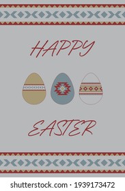 Boho easter greeting card, banner, flyer. Minimalist style. Tribal ethnic pattern in pastel colors.