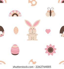 Boho Easter seamless pattern with bunny, eggs, rainbows, flowers and butterfly in pastel colors. Spring repeating kids print in cartoon style. Happy Easter vector background