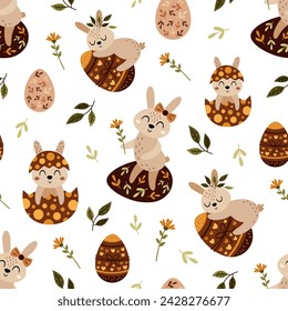 Boho Easter seamless pattern with easter bunny in flat style. Happy Easter digital paper perfect for scrapbook paper, decor, background, fabric.