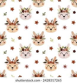 Boho Easter seamless pattern with easter bunny in flat style. Happy Easter digital paper perfect for scrapbook paper, decor, background, fabric.