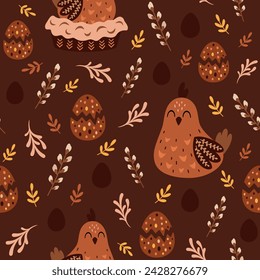 Boho Easter seamless pattern with easter chicken and easter eggs in flat style. Happy Easter digital paper perfect for scrapbook paper, decor, background, fabric.