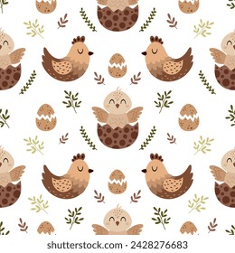 Boho Easter seamless pattern with easter chicken and easter eggs in flat style. Happy Easter digital paper perfect for scrapbook paper, decor, background, fabric.