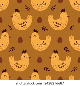 Boho Easter seamless pattern with easter chicken and easter eggs in flat style. Happy Easter digital paper perfect for scrapbook paper, decor, background, fabric.