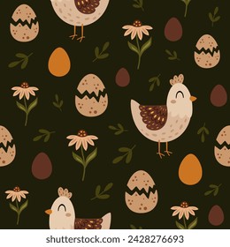 Boho Easter seamless pattern with easter chicken and easter eggs in flat style. Happy Easter digital paper perfect for scrapbook paper, decor, background, fabric.