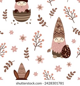 Boho Easter seamless pattern with easter gnome in flat style. Happy Easter digital paper perfect for scrapbook paper, decor, background, fabric.