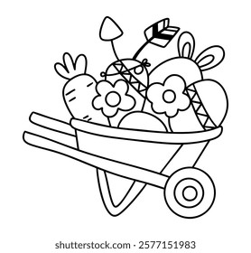 A Boho Easter, wheelbarrow filled with Easter eggs, flowers, and carrots, perfect for spring celebrations