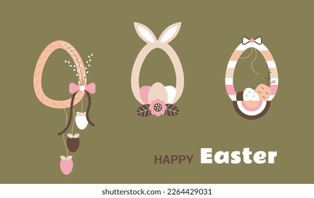 Boho Easter wreath set with bunny ears, eggs, flowers, willow twigs. Spring festive home decor. Modern minimal style. Vector illustration