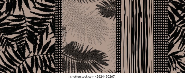boho eclectic earthy neutral color modern aesthetic abstract floral collage beige white lines vector seamless repeat pattern