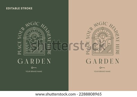 Boho eco house logo, sun moon line art vector. Sunshine vector logo design, editable stroke