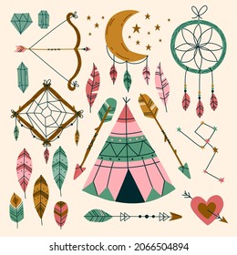 Boho element collection. Ethnic modern mystic spiritual symbol. Magic, esoteric, tribal outline boho graphic design. Spiritual decoration. Sacred boho fabric fashion print decor. Vector illustration.