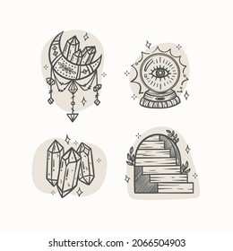 Boho element collection. Ethnic modern mystic spiritual symbol. Magic, esoteric, tribal outline boho graphic design. Spiritual decoration. Sacred boho fabric fashion print decor. Vector illustration.