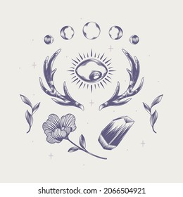 Boho element collection. Ethnic modern mystic spiritual symbol. Magic, esoteric, tribal outline boho graphic design. Spiritual decoration. Sacred boho fabric fashion print decor. Vector illustration.