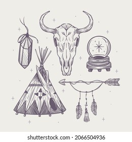 Boho element collection. Ethnic modern mystic spiritual symbol. Magic, esoteric, tribal outline boho graphic design. Spiritual decoration. Sacred boho fabric fashion print decor. Vector illustration.