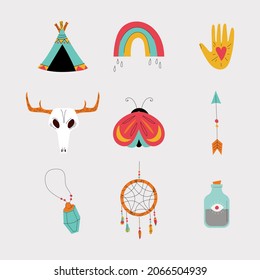 Boho element collection. Ethnic modern mystic spiritual symbol. Magic, esoteric, tribal outline boho graphic design. Spiritual decoration. Sacred boho fabric fashion print decor. Vector illustration.