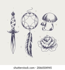 Boho element collection. Ethnic modern mystic spiritual symbol. Magic, esoteric, tribal outline boho graphic design. Spiritual decoration. Sacred boho fabric fashion print decor. Vector illustration.