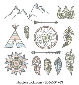 Boho element collection. Ethnic modern mystic spiritual symbol. Magic, esoteric, tribal outline boho graphic design. Spiritual decoration. Sacred boho fabric fashion print decor. Vector illustration.