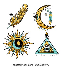 Boho element collection. Ethnic modern mystic spiritual symbol. Magic, esoteric, tribal outline boho graphic design. Spiritual decoration. Sacred boho fabric fashion print decor. Vector illustration.