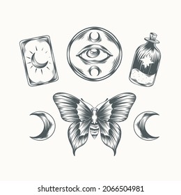 Boho element collection. Ethnic modern mystic spiritual symbol. Magic, esoteric, tribal outline boho graphic design. Spiritual decoration. Sacred boho fabric fashion print decor. Vector illustration.