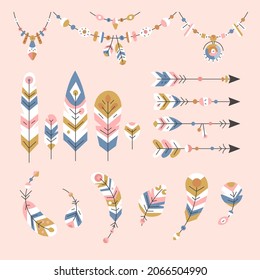 Boho element collection. Ethnic modern mystic spiritual symbol. Magic, esoteric, tribal outline boho graphic design. Spiritual decoration. Sacred boho fabric fashion print decor. Vector illustration.