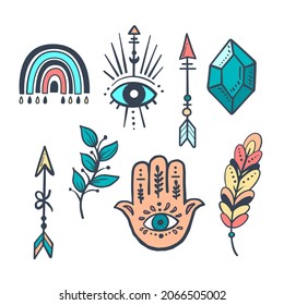 Boho element collection. Ethnic modern mystic spiritual symbol. Magic, esoteric, tribal outline boho graphic design. Spiritual decoration. Sacred boho fabric fashion print decor. Vector illustration.