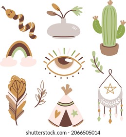Boho element collection. Ethnic modern mystic spiritual symbol. Magic, esoteric, tribal outline boho graphic design. Spiritual decoration. Sacred boho fabric fashion print decor. Vector illustration.