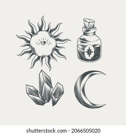 Boho element collection. Ethnic modern mystic spiritual symbol. Magic, esoteric, tribal outline boho graphic design. Spiritual decoration. Sacred boho fabric fashion print decor. Vector illustration.
