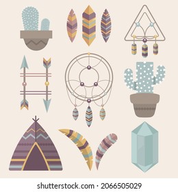 Boho element collection. Ethnic modern mystic spiritual symbol. Magic, esoteric, tribal outline boho graphic design. Spiritual decoration. Sacred boho fabric fashion print decor. Vector illustration.